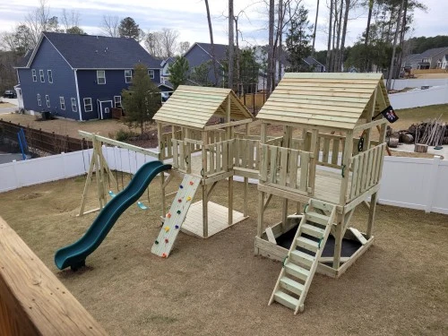 Double fort playset design on a slope in Raleigh NC